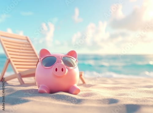 A piggy bank wearing sunglasses relaxes on a beach, symbolizing saving and leisure.