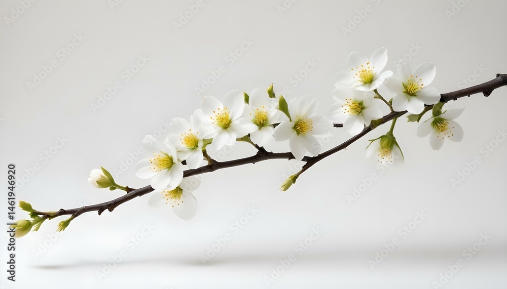 A beautiful image showcasing a branch of white blossoms, gracefully displayed on a simple background. A beautiful image showcasing a branch of white blossoms, gracefully displayed on a simple background.