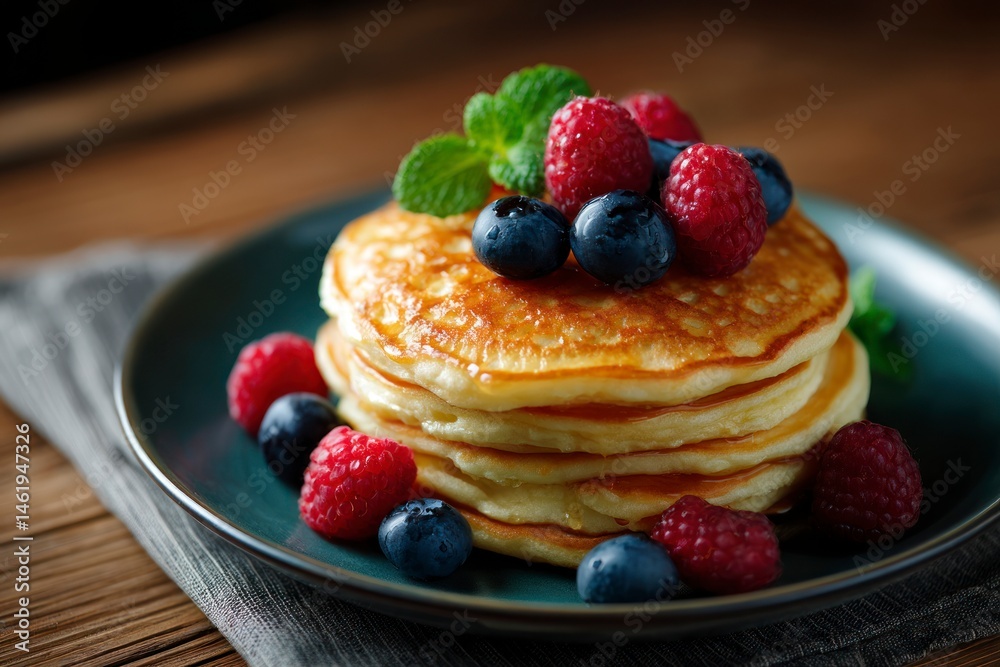 Stack of Pancakes with Berries and Maple Syrup for Breakfast Stack of Pancakes with Berries and Maple Syrup for Breakfast