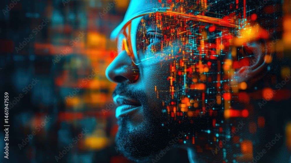 A profile of a man with glasses, surrounded by digital data and vibrant colors, symbolizing technology. A profile of a man with glasses, surrounded by digital data and vibrant colors, symbolizing technology.