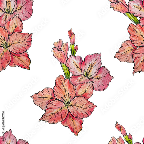 Gladiolus Background. Gladiolus Seamless Pattern. Hand-Drawn Floral seamless background. Green Leaves and Flowers Trendy graphics. Greenery Branches and Blooming Flowers seamless pattern. 