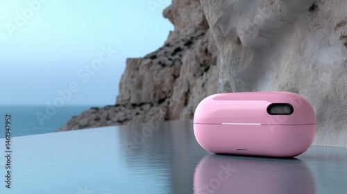 Pink wireless earbuds case by the sea