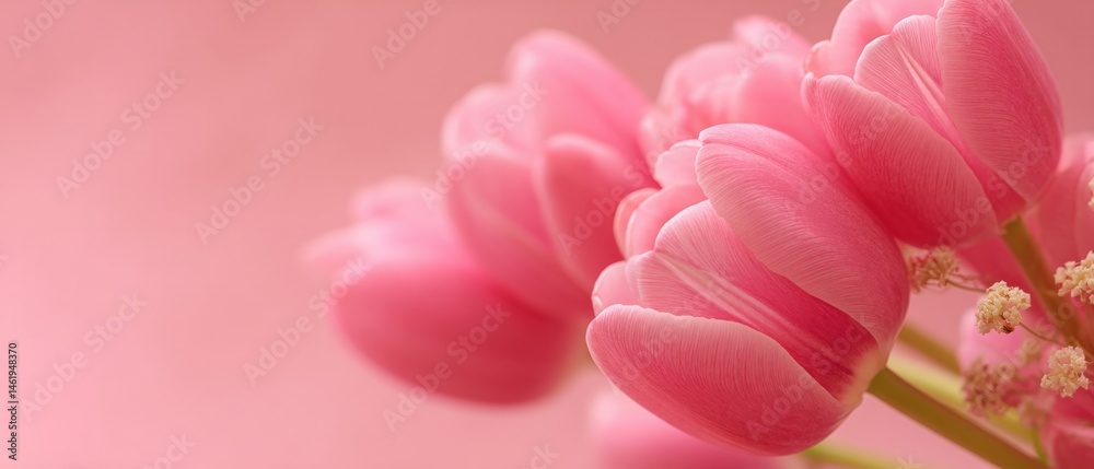 Obraz premium Closeup of delicate pink tulips with babys breath on a soft pink background Concept of spring, love, romance, and feminine beauty