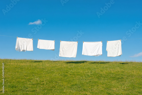 Five white sheets hang gracefully on a clothesline against a bright blue sky, evoking a sense of calm.