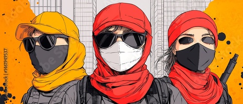 Three masked figures in urban setting