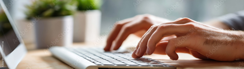 custom made wallpaper toronto digitalHands typing on keyboard with focus on fingers and plants in background