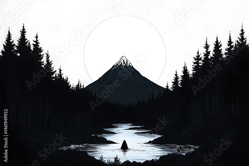 Mountain, moonlit forest, serene scene