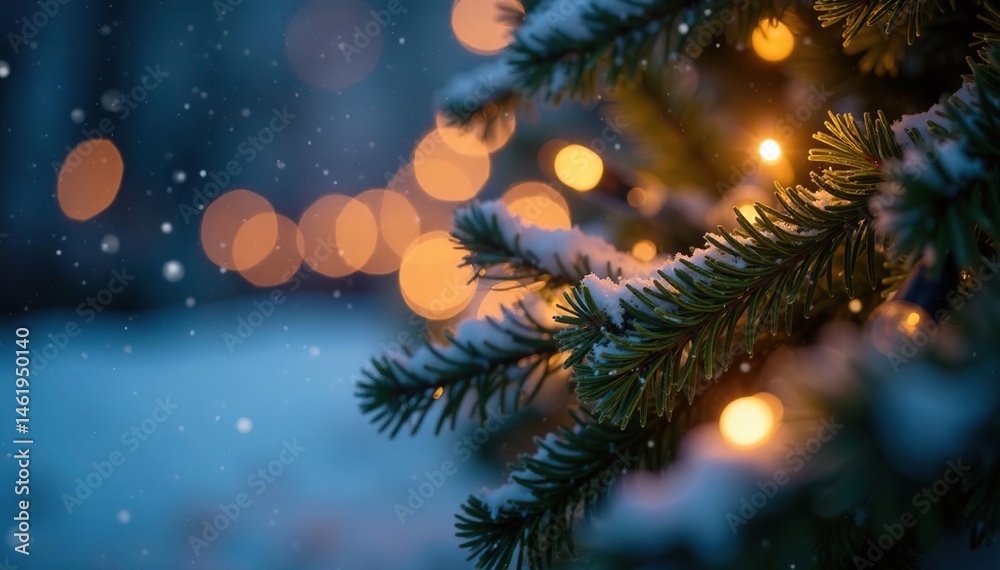 Close-up of twinkling Christmas lights on a garland, snowy backdrop, icicles, snow, garland Close-up of twinkling Christmas lights on a garland, snowy backdrop, icicles, snow, garland