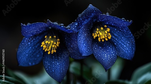 Deep blue flowers with water droplets