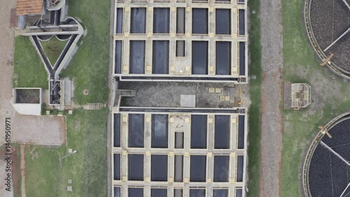 Top Down Aerieal View of Industrial Infrastructure and Filtration Systems of a Modern Water Treatment Plant Facility