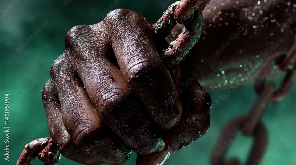 Fototapeta premium A close up image of a tightly clenched fist showcasing the intensity and tension of an aggressive violent action set against a natural green backdrop