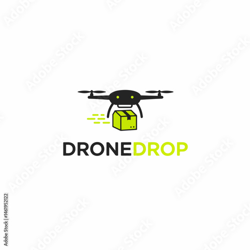 DroneDrop delivery logo showing a black drone carrying a lime green package.
