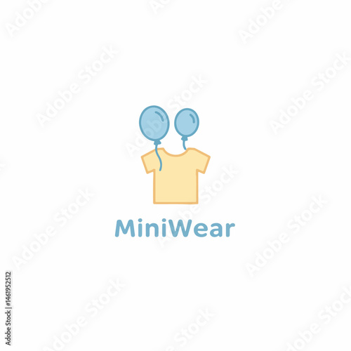 MiniWear Logo: A charming logo features a stylized t-shirt adorned with two floating balloons, radiating a sense of playful and joyful, ideal for a baby product or a children's brand.
