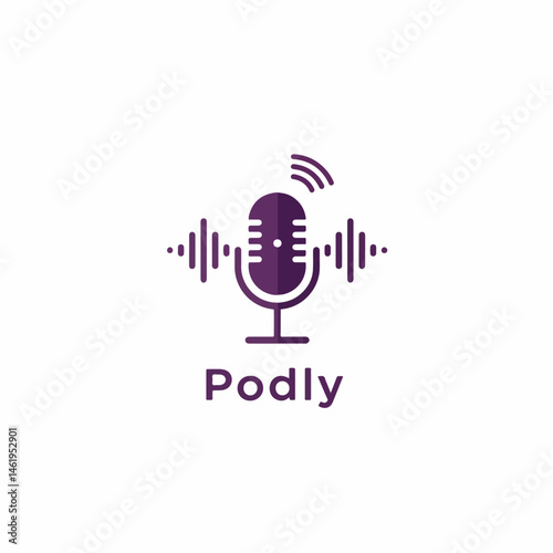 Podly: Purple Microphone & Sound Waves Logo for Podcast & Audio Streaming.

