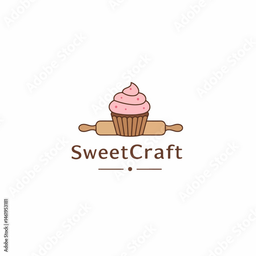 SweetCraft: Bakery and Dessert Shop Logo with Cupcake and Rolling Pin

