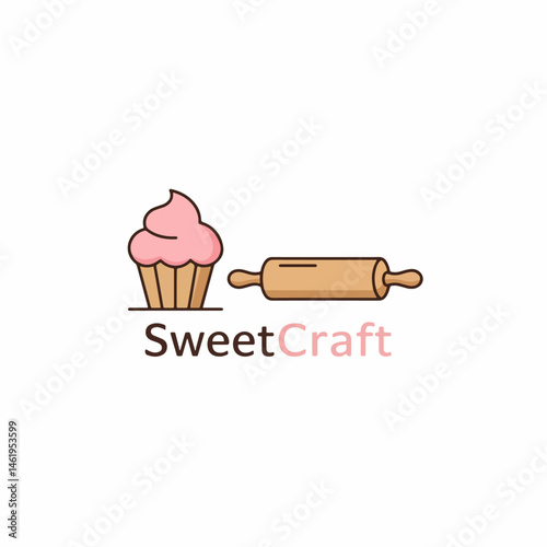 SweetCraft: Bakery and Dessert Shop Logo with Cupcake and Rolling Pin

