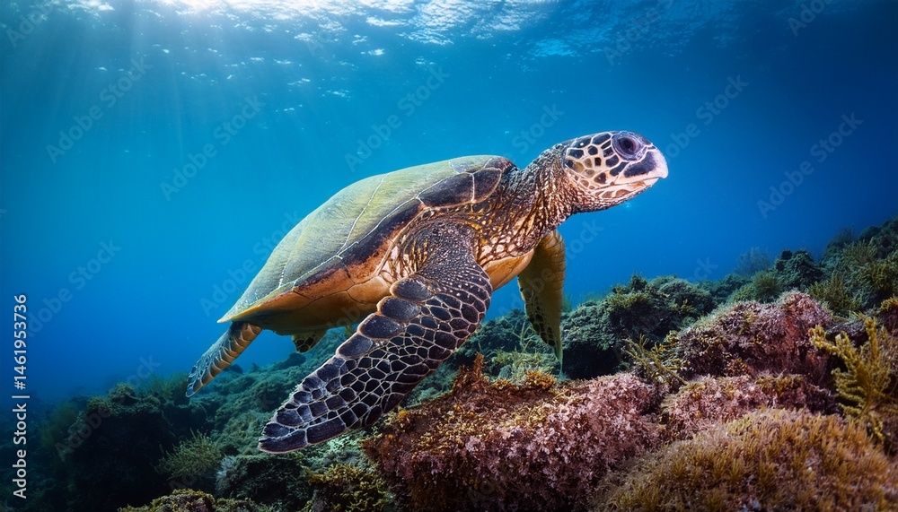 Fototapeta premium green sea turtle swimming over reef in hawaii