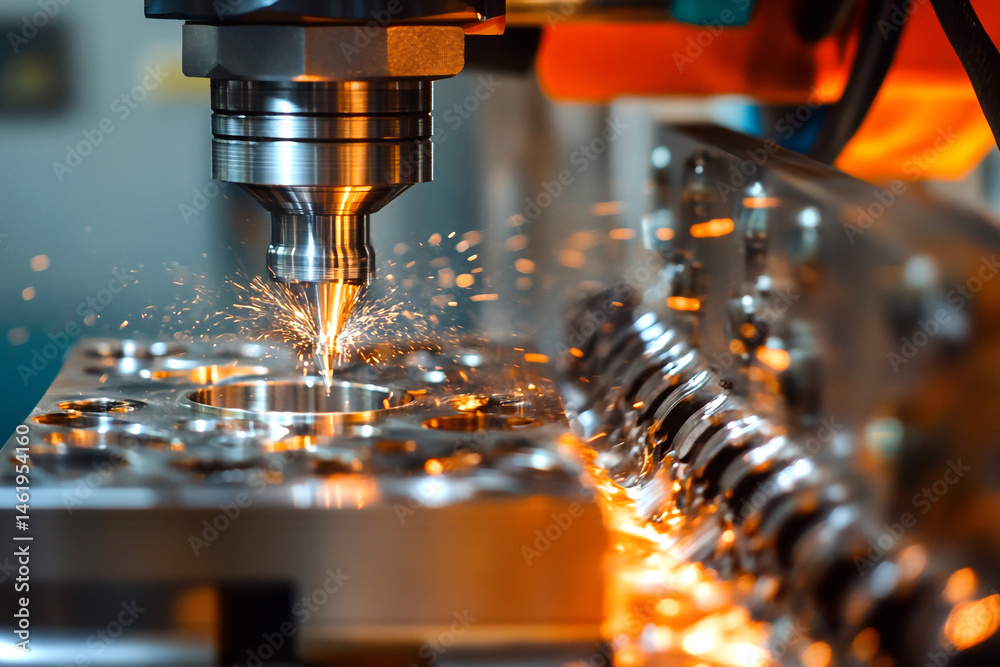 CNC milling tool cutting metal. Aerospace industry manufacturing on a lathe machine