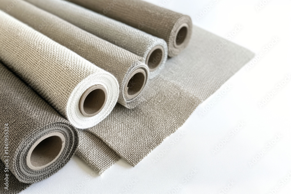 Rolls of linen fabric in various neutral tones arranged on table, background Rolls of linen fabric in various neutral tones arranged on table, background