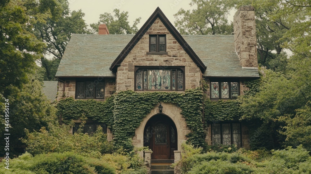 Fototapeta premium Stone house, ivy-covered facade
