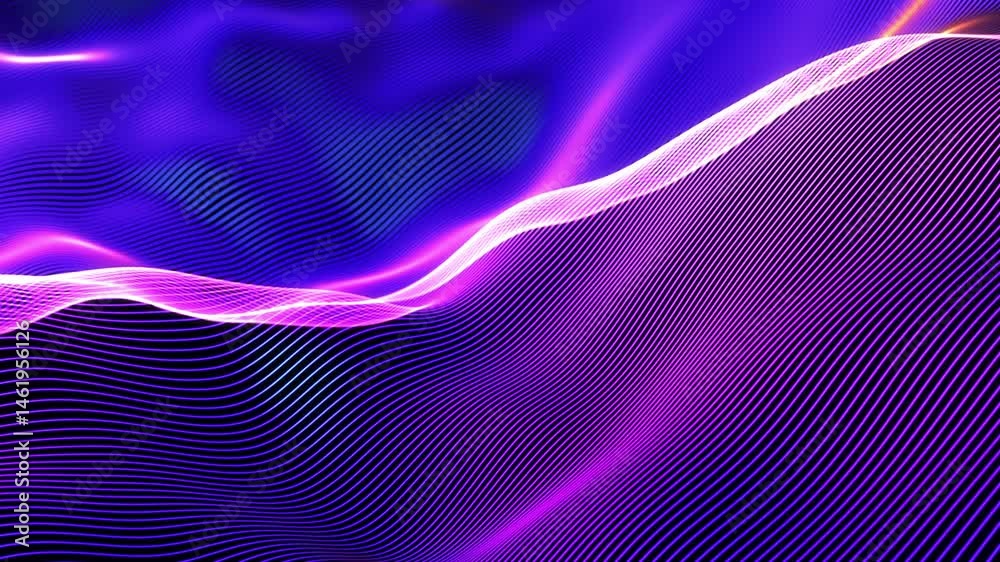 3D ultraviolet sound waves flowing in virtual space. Digital technology concept: artificial intelligence (AI) or big data visualization. Digital sound waves equalizer looped 4K video, black background