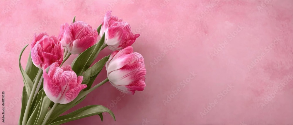 Beautiful pink and white tulip bouquet on a textured pink background, symbolizing love, appreciation, and springtime Perfect for Mothers Day or Valentines Day Beautiful pink and white tulip bouquet on a textured pink background, symbolizing love, appreciation, and springtime Perfect for Mothers Day or Valentines Day