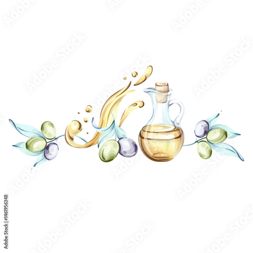 Vibrant watercolor illustration showcasing olives and olive oil in a Mediterranean inspired setting frame, border, arrangement