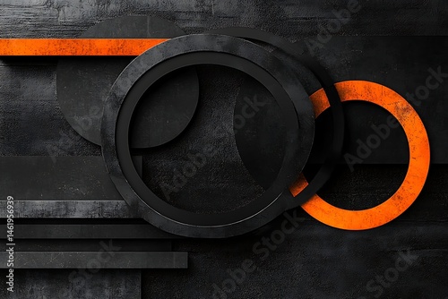 Dark, geometric shapes with orange accents
