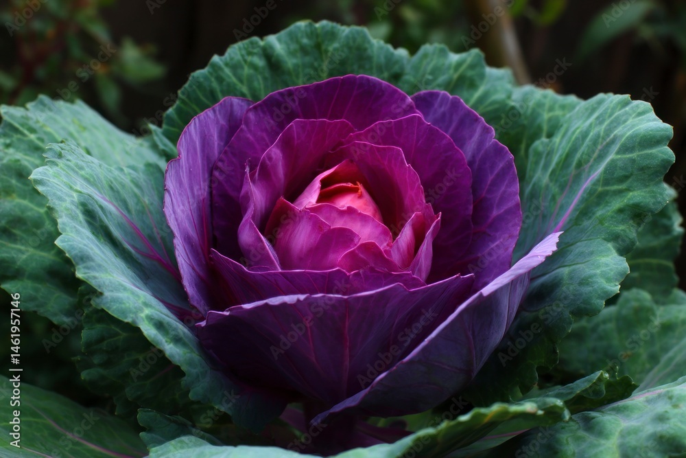 Fototapeta premium Close-up of a Purple Ornamental Cabbage with Green Outer Leaves