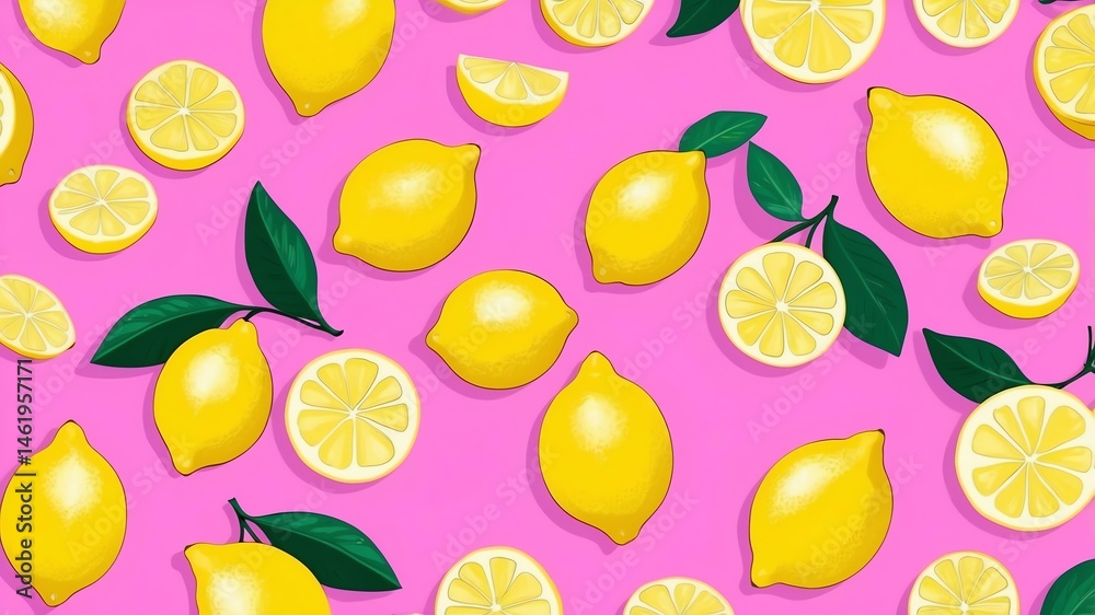 lemon pattern on pink plain background, abstract illustration design seamless lemon pattern on pink plain background, abstract illustration design seamless