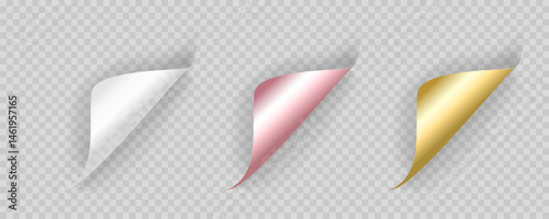Vector illustration of a realistic page curl effect in white, pink, and gold tones. Ideal for branding, web design, and print materials. Easily customizable and isolated on a transparent