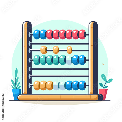 Colorful abacus on a wooden frame with green plants in pots in a cheerful vector illustration
