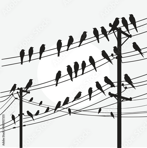 silhouettes of birds perched on power lines. The scene should evoke a peaceful, quiet moment in nature with birds scattered across four slightly uneven wires