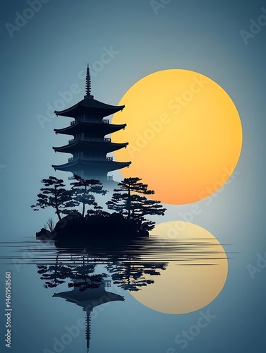 Silhouette pagoda, tranquil island, sunrise reflection