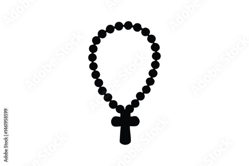 Rosary bead with cross silhouette on white background
