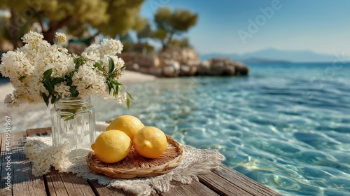 Fototapeta Naklejka Na Ścianę i Meble -  Fresh lemons and white flowers on rustic wooden table by turquoise sea under bright sunlight perfect for summer food themes, tropical phone wallpapers and natural wellness visuals
