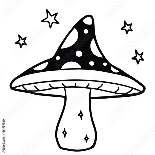 Mushroom vector Silhouette Line art illustration Wizard hat mushroom with stars