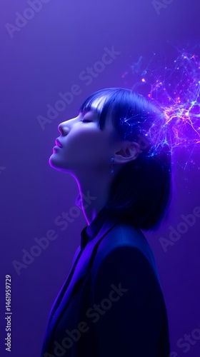 脳内シナプスが光る女性の横顔