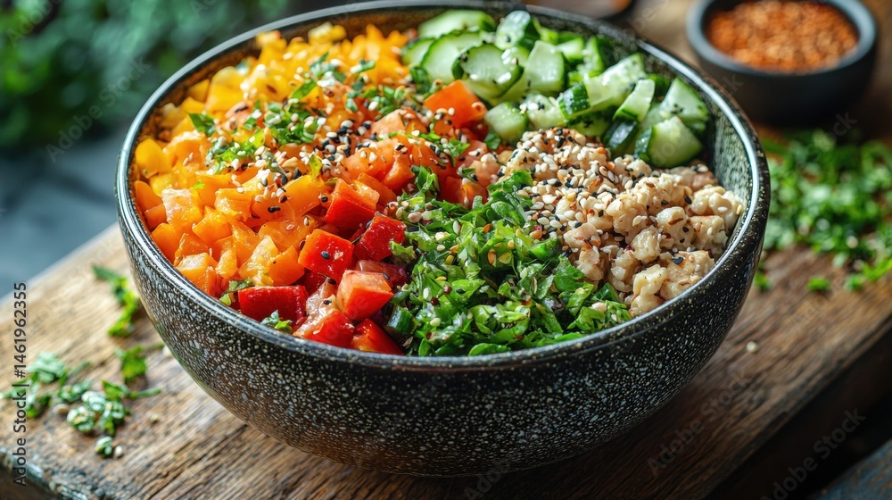 A colorful bowl of vibrant diced vegetables including peppers, tomatoes, cucumbers and parsley with grains sits on a rustic wooden board. A colorful bowl of vibrant diced vegetables including peppers, tomatoes, cucumbers and parsley with grains sits on a rustic wooden board.