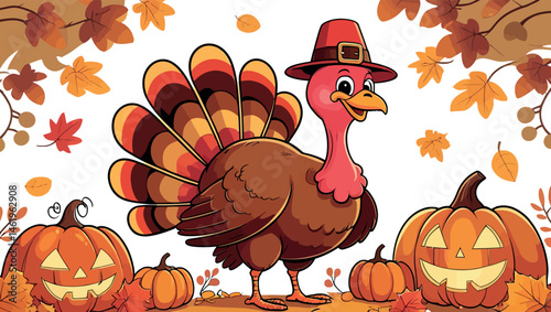 A cartoon turkey with a hat