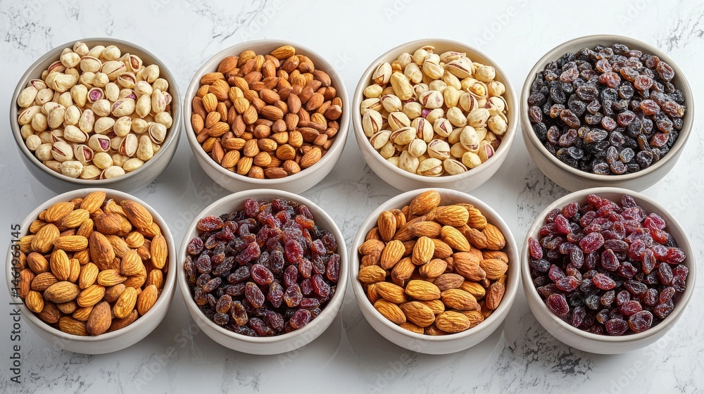 An assortment of healthy nuts and dried fruits is displayed in small ceramic bowls arranged on a white marble countertop in soft natural light. An assortment of healthy nuts and dried fruits is displayed in small ceramic bowls arranged on a white marble countertop in soft natural light.