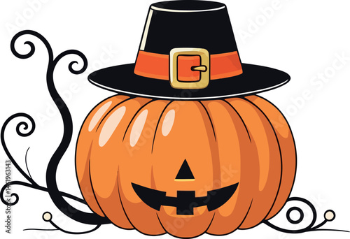 This spooky orange halloween vector illustration shows a scary jack-o-lantern pumpkin with a black witch hat, perfect for an autumn holiday celebration
