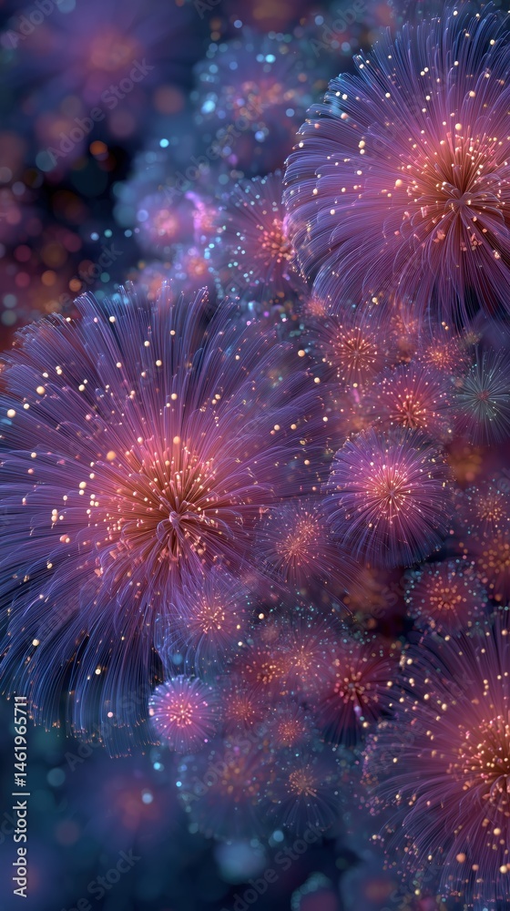 Fototapeta premium Surreal macro close-up of abstract purple and pink spherical fibers glowing with soft light ideal for dreamy digital art, floral fantasy themes and vertical phone wallpapers