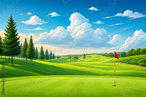 Scenic golf course landscape with bright green grass and a red flag on a sunny day