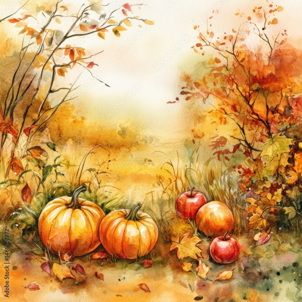 Autumnal landscape with pumpkins and apples Autumnal landscape with pumpkins and apples