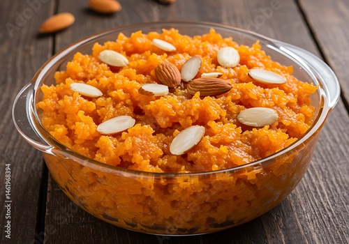 Delicious Golden Orange Gajar Ka Halwa Indian Sweet Dessert Dish Almonds Food Treat Tasty Spice