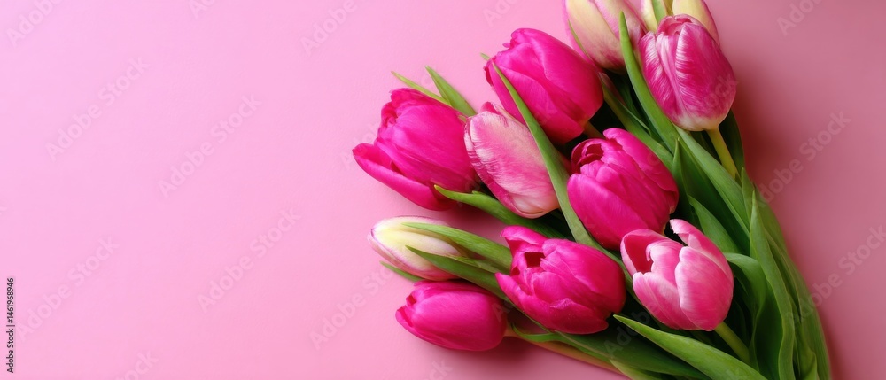Vibrant pink tulip bouquet on a matching pink background, symbolizing love, spring, and celebration with fresh floral arrangement Vibrant pink tulip bouquet on a matching pink background, symbolizing love, spring, and celebration with fresh floral arrangement