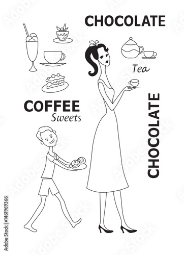 Girl and boy carry plates with cup and buns. Black outline vector image with texts.