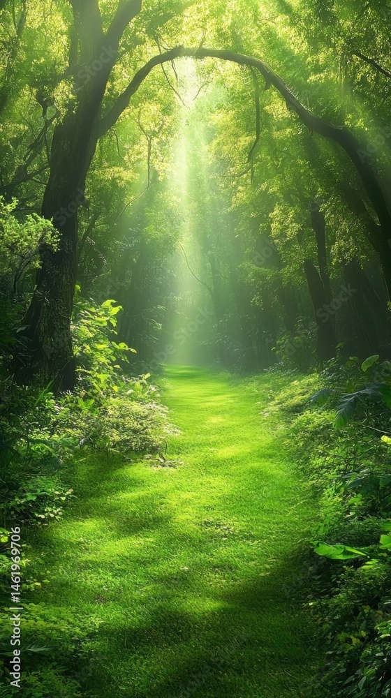 Obraz premium A vibrant green path leads through a lush forest with sunlight filte through the trees creating a peaceful and enchanting natural scenery.