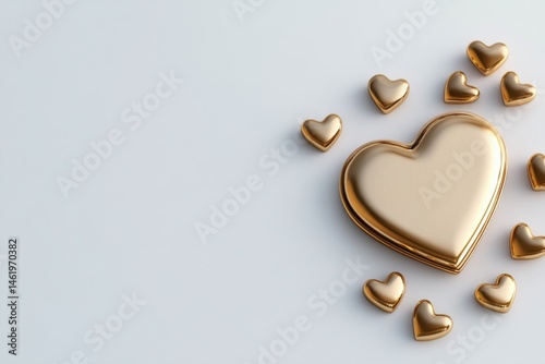 Heart-shaped gold frame surrounded by gold elements on a reflective surface showcasing luxury and elegance